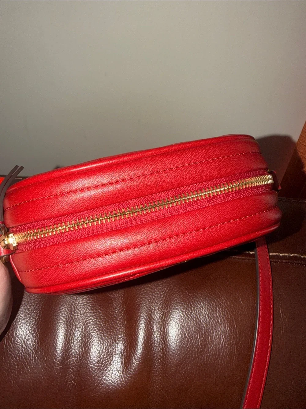 ‼️Tory Burch Kira Chevron Red Leather Camera Crossbody Bag